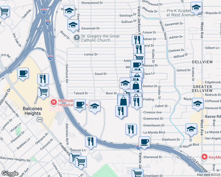 map of restaurants, bars, coffee shops, grocery stores, and more near 127 Bent Street in San Antonio