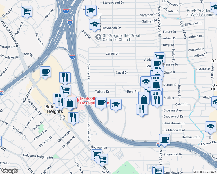 map of restaurants, bars, coffee shops, grocery stores, and more near 114 Tabard Drive in San Antonio