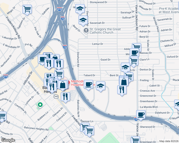 map of restaurants, bars, coffee shops, grocery stores, and more near 142 Tabard Drive in San Antonio