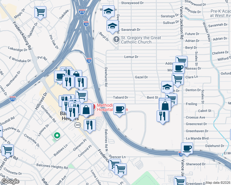 map of restaurants, bars, coffee shops, grocery stores, and more near 142 Tabard Drive in San Antonio
