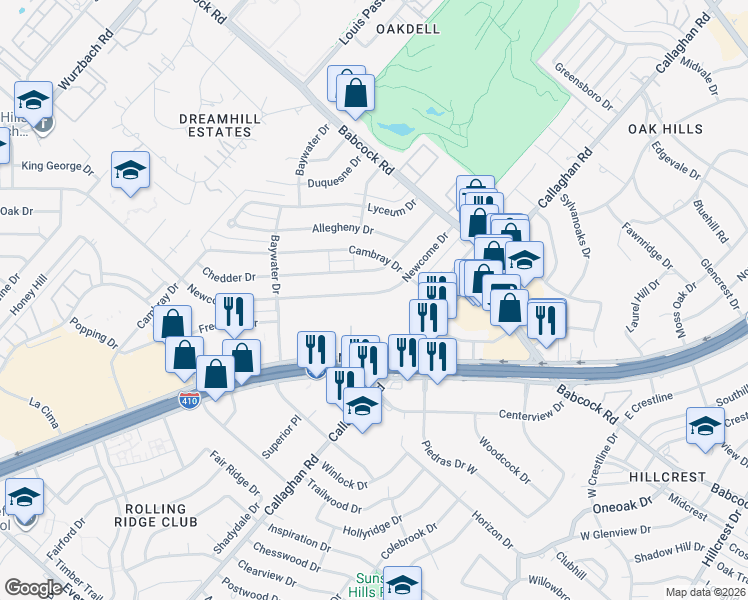 map of restaurants, bars, coffee shops, grocery stores, and more near 6301 Callaghan Road in San Antonio