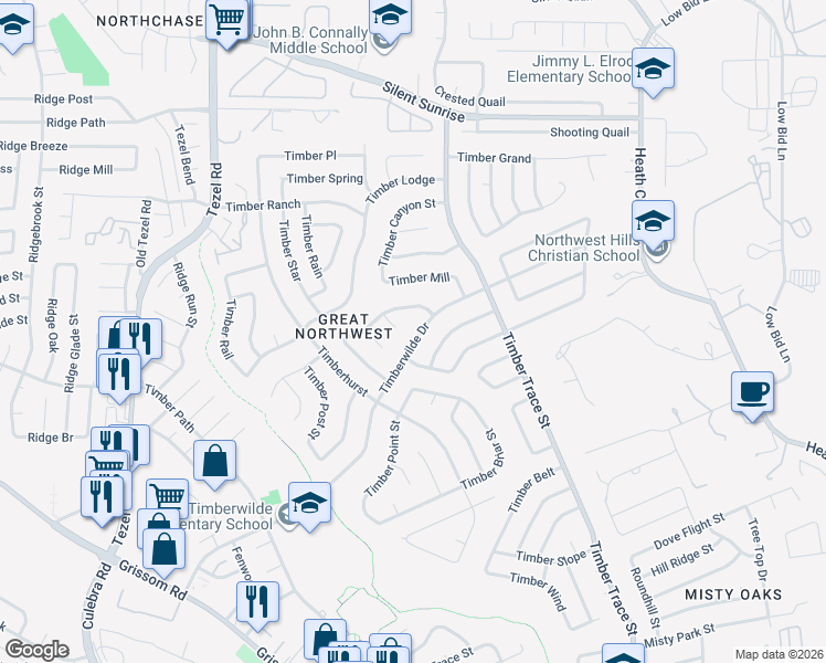 map of restaurants, bars, coffee shops, grocery stores, and more near 8531 Timberwilde Street in San Antonio
