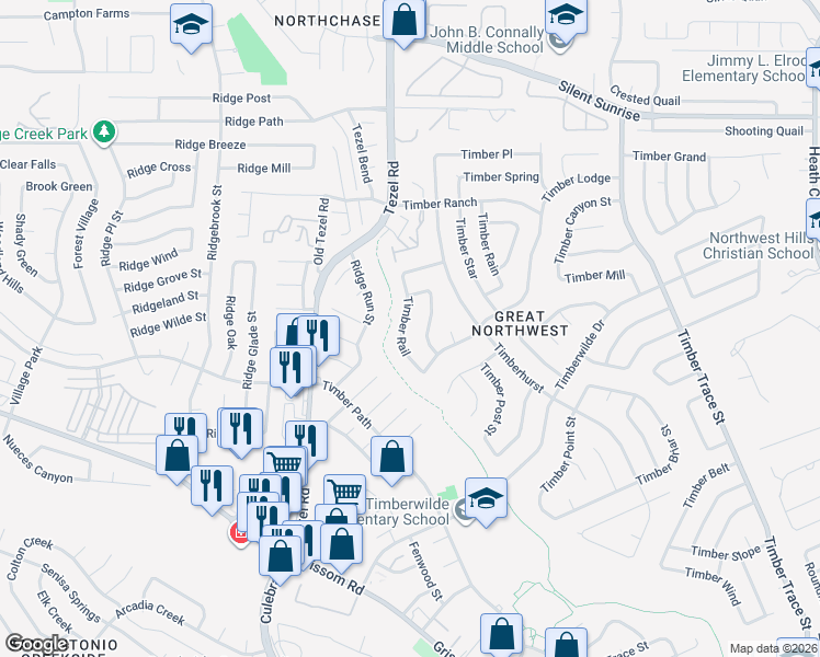 map of restaurants, bars, coffee shops, grocery stores, and more near 5611 Timber Wagon in San Antonio