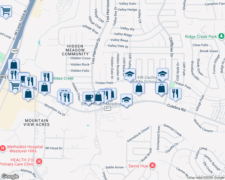 map of restaurants, bars, coffee shops, grocery stores, and more near 5810 Hidden Bay in San Antonio