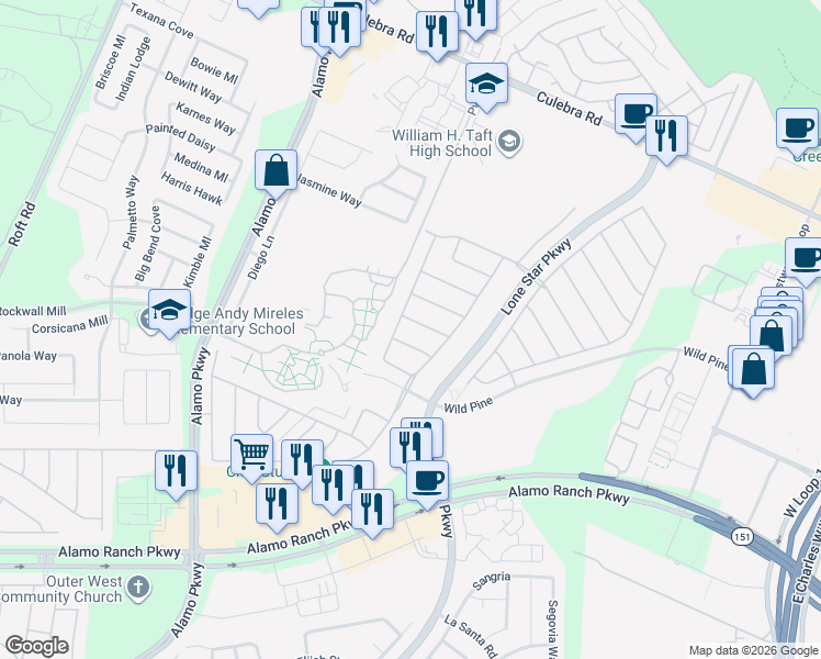 map of restaurants, bars, coffee shops, grocery stores, and more near 11726 Pandorea in San Antonio
