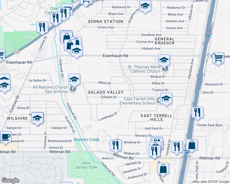 map of restaurants, bars, coffee shops, grocery stores, and more near 4063 Tallulah Drive in San Antonio