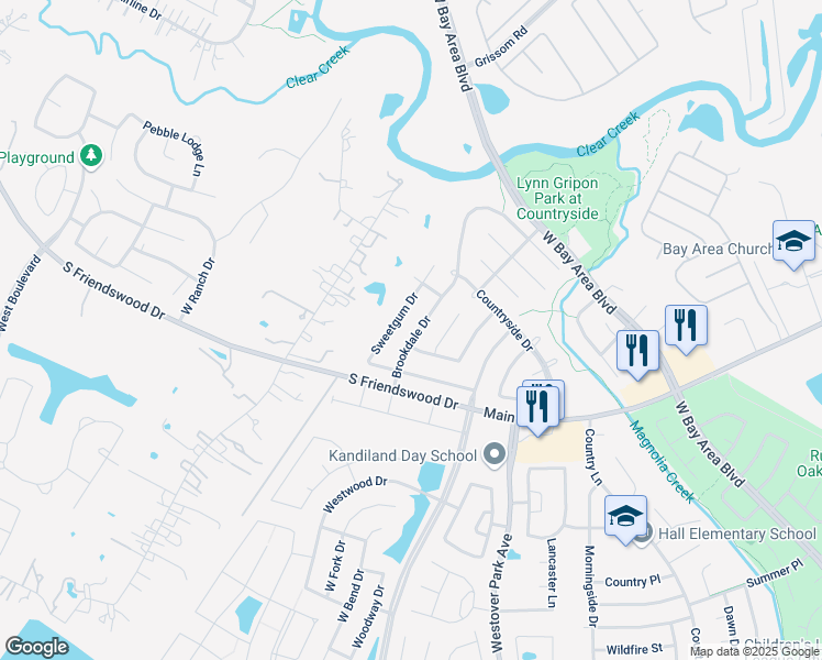 map of restaurants, bars, coffee shops, grocery stores, and more near 203 Redbud Circle in League City