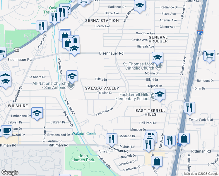 map of restaurants, bars, coffee shops, grocery stores, and more near 4106 Tropical Drive in San Antonio