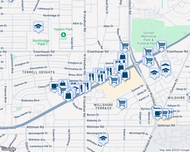 map of restaurants, bars, coffee shops, grocery stores, and more near 127 Rainbow Drive in San Antonio