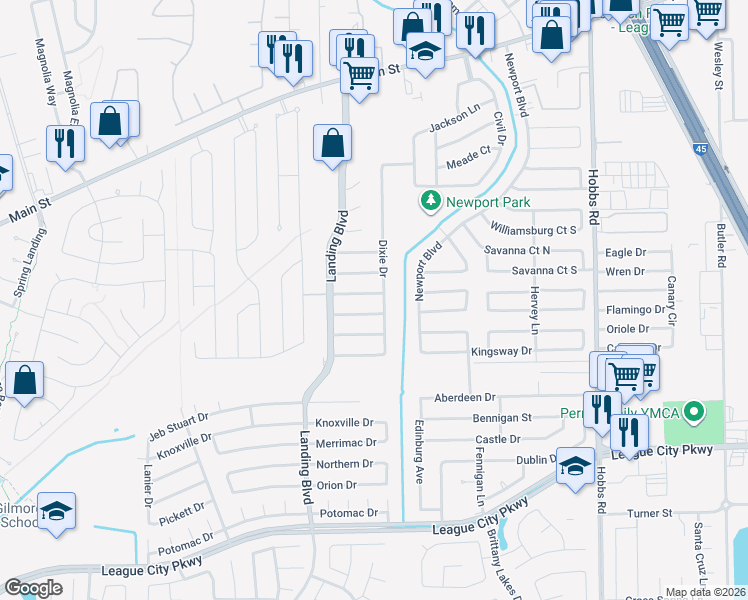 map of restaurants, bars, coffee shops, grocery stores, and more near 2507 Gettysburg in League City