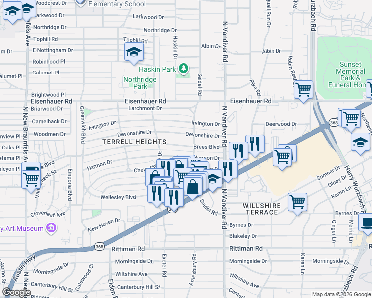map of restaurants, bars, coffee shops, grocery stores, and more near 347 Harmon Drive in San Antonio
