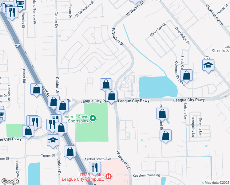 map of restaurants, bars, coffee shops, grocery stores, and more near 1766 West Walker Street in League City