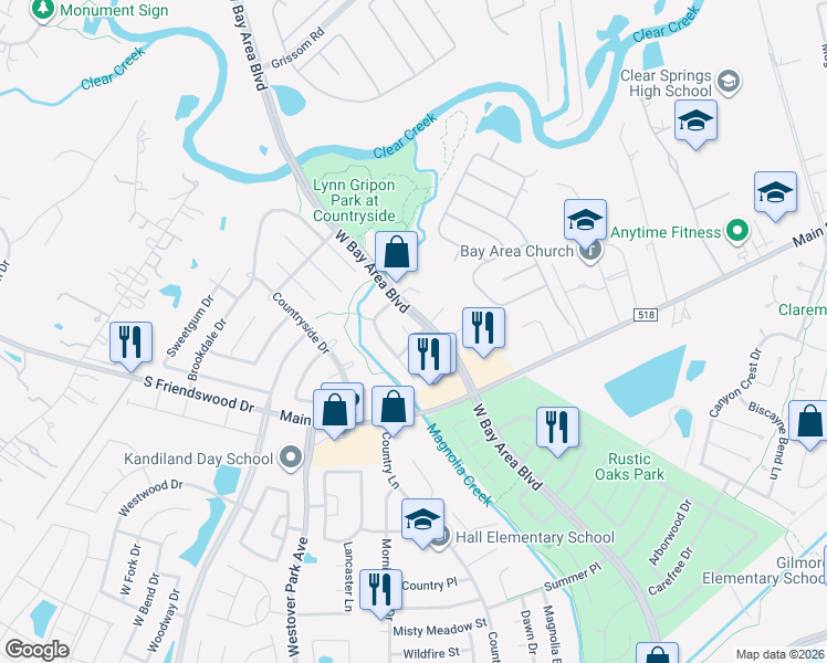 map of restaurants, bars, coffee shops, grocery stores, and more near 109 Misty Brook Lane in League City