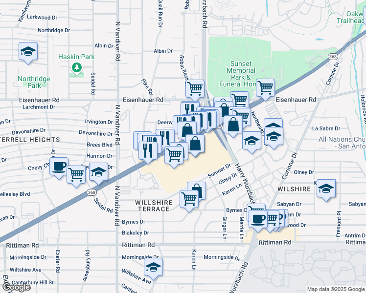 map of restaurants, bars, coffee shops, grocery stores, and more near 1442 Austin Hwy in San Antonio