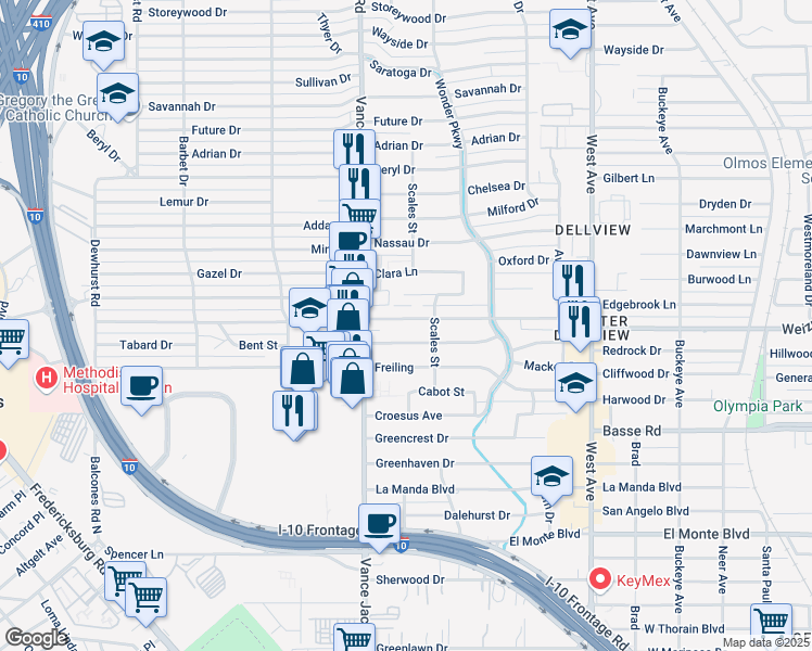 map of restaurants, bars, coffee shops, grocery stores, and more near 226 Englewood Drive in San Antonio