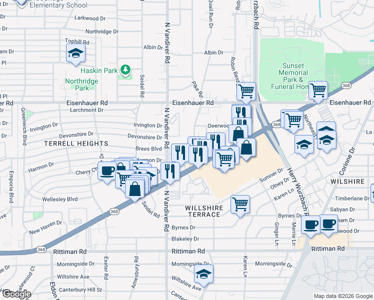 map of restaurants, bars, coffee shops, grocery stores, and more near 1331 Austin Highway in San Antonio