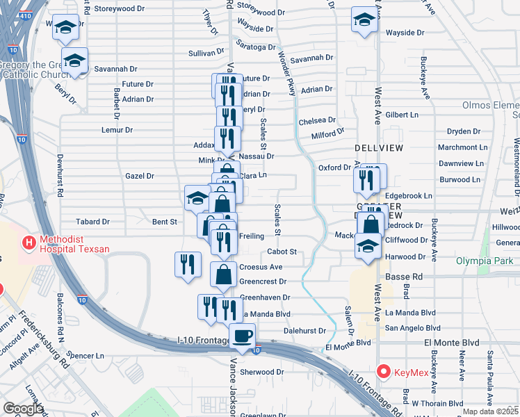 map of restaurants, bars, coffee shops, grocery stores, and more near 226 Englewood Drive in San Antonio