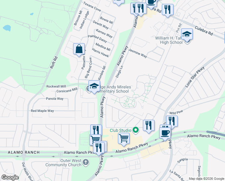 map of restaurants, bars, coffee shops, grocery stores, and more near 6002 Diego Lane in San Antonio