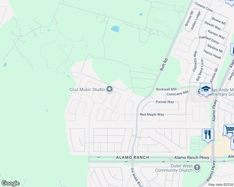 map of restaurants, bars, coffee shops, grocery stores, and more near 5838 Sweetwater Way in San Antonio