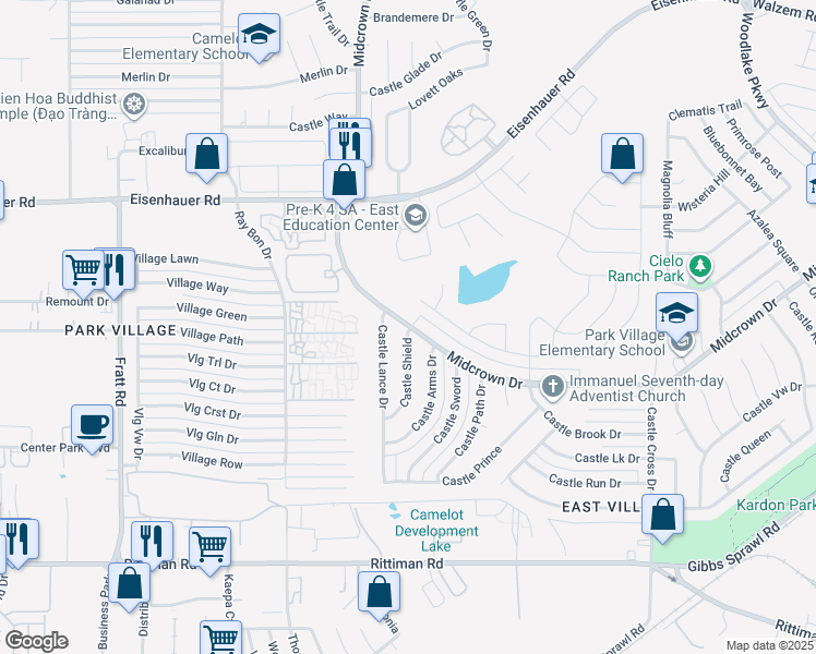 map of restaurants, bars, coffee shops, grocery stores, and more near 4866 Castle Lance Dr in San Antonio