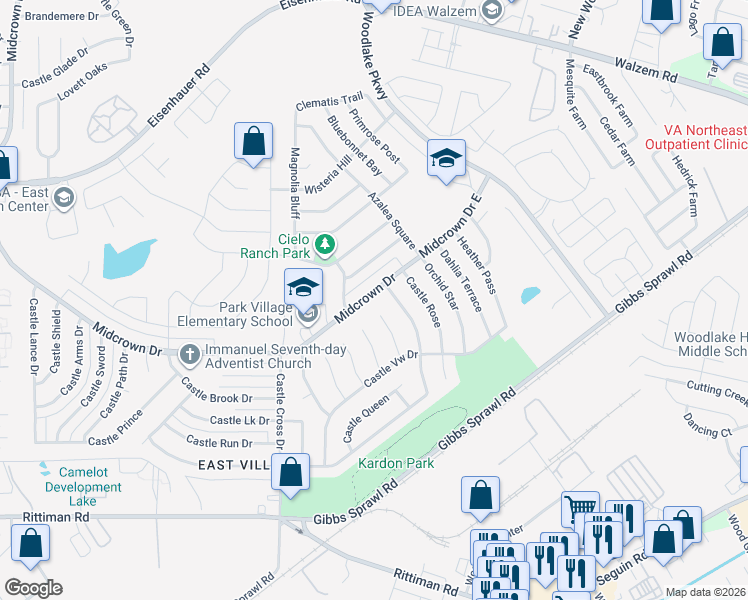 map of restaurants, bars, coffee shops, grocery stores, and more near 4850 Castle Guard Drive in San Antonio