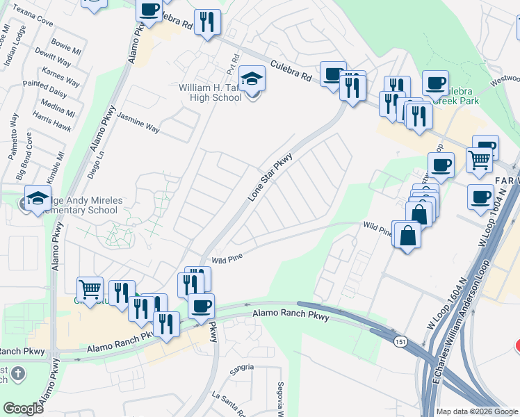 map of restaurants, bars, coffee shops, grocery stores, and more near 11518 Lily Blair in San Antonio