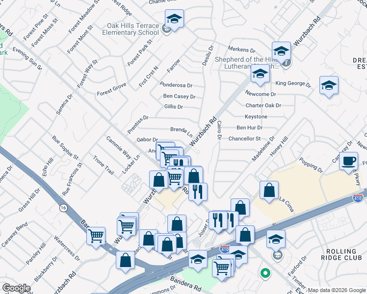 map of restaurants, bars, coffee shops, grocery stores, and more near 6414 Wurzbach Road in San Antonio