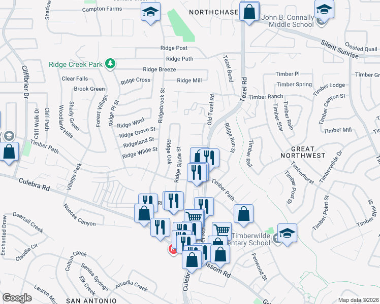 map of restaurants, bars, coffee shops, grocery stores, and more near 8929 Golden Brook in San Antonio