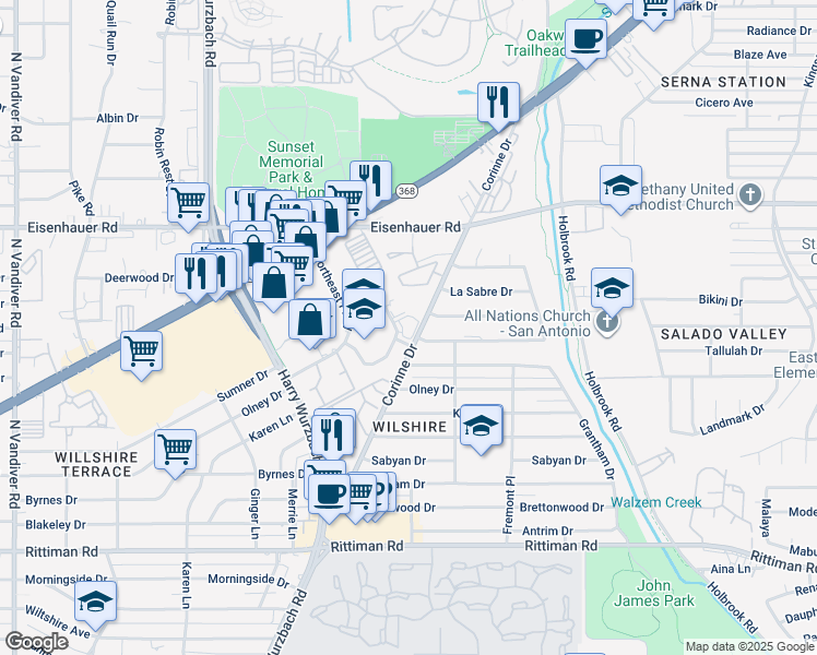 map of restaurants, bars, coffee shops, grocery stores, and more near 6922 East Sunbelt Drive in San Antonio