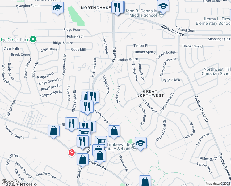 map of restaurants, bars, coffee shops, grocery stores, and more near 5618 Ridge Run Street in San Antonio