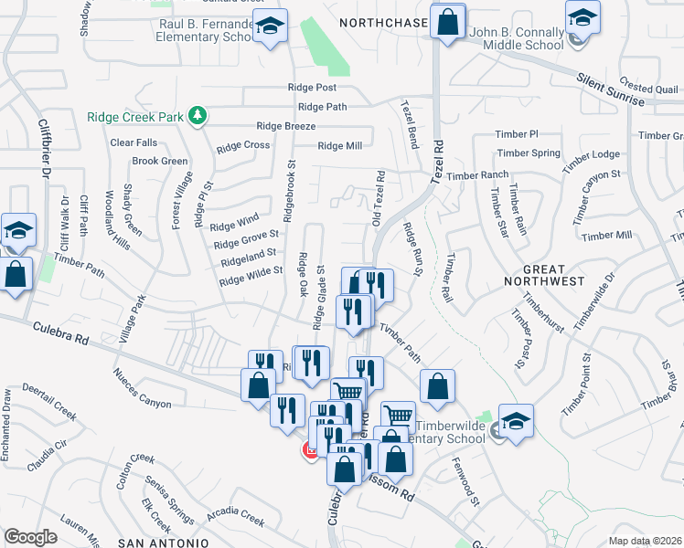map of restaurants, bars, coffee shops, grocery stores, and more near 8929 Golden Brook in San Antonio