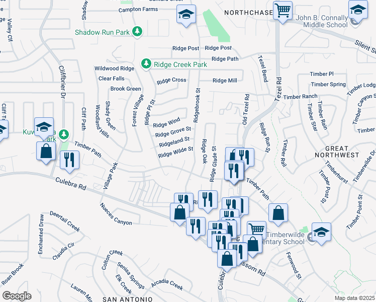 map of restaurants, bars, coffee shops, grocery stores, and more near 9206 Ridgeland Street in San Antonio