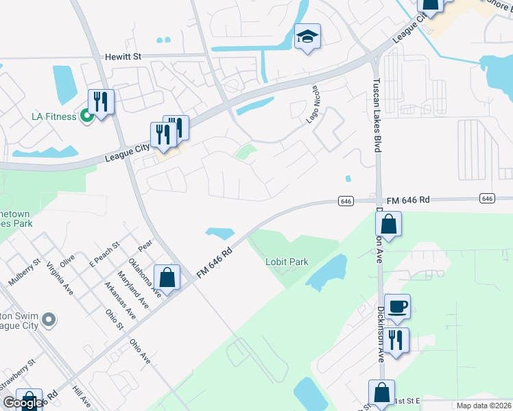 map of restaurants, bars, coffee shops, grocery stores, and more near 2736 Ahnya Lane in League City