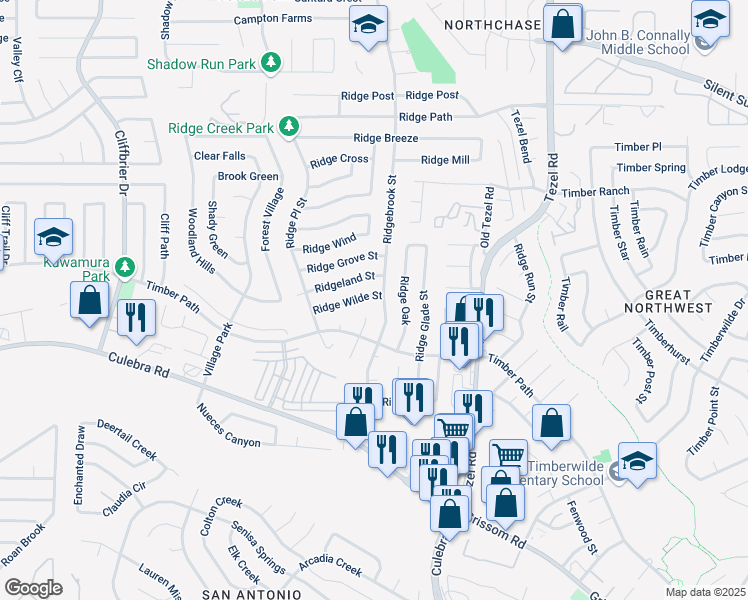 map of restaurants, bars, coffee shops, grocery stores, and more near 9206 Ridgeland Street in San Antonio