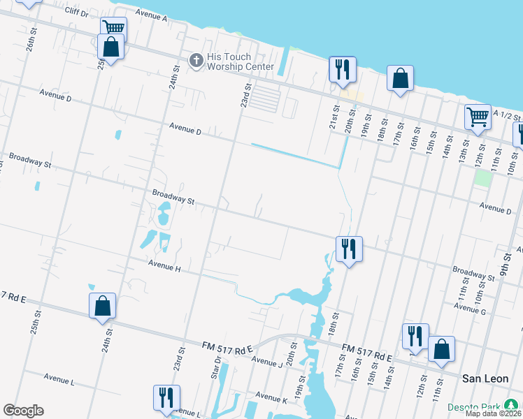 map of restaurants, bars, coffee shops, grocery stores, and more near 2220 Avenue F in San Leon