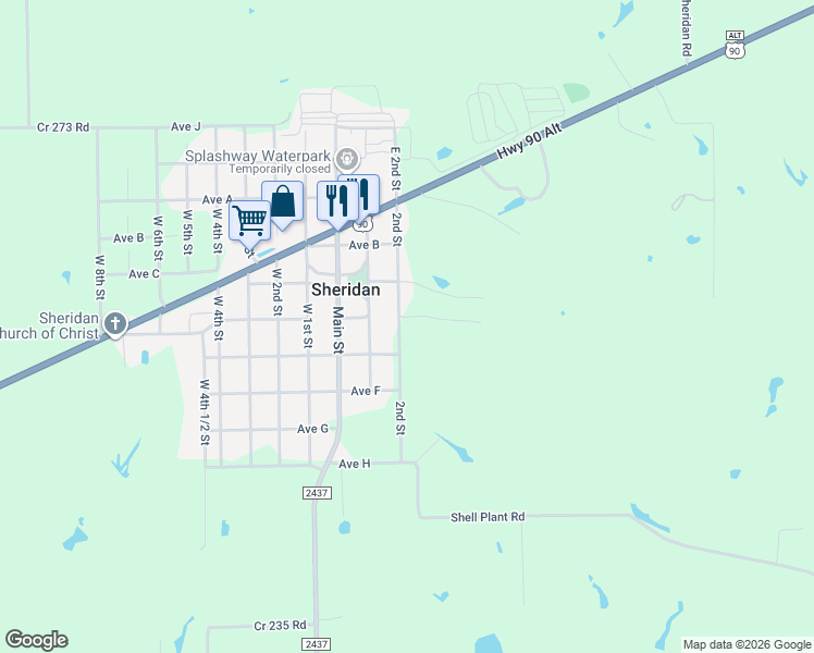 map of restaurants, bars, coffee shops, grocery stores, and more near 5508 East 2nd Street in Weimar