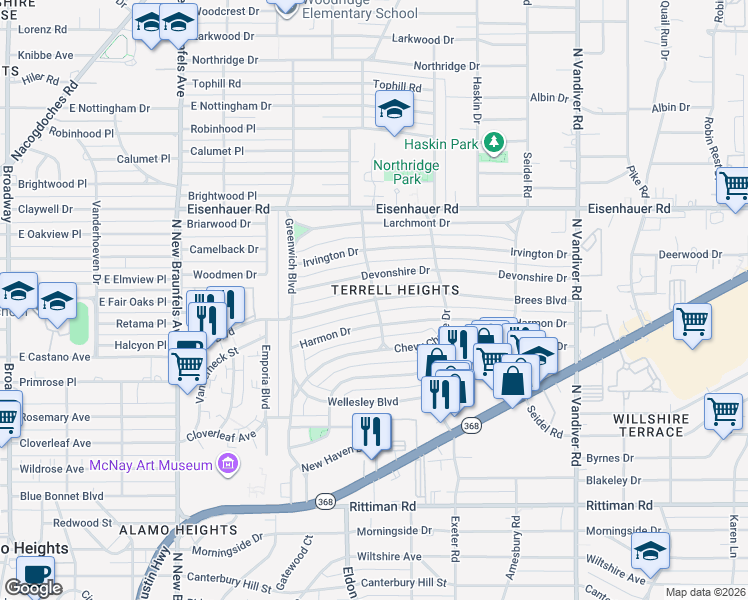 map of restaurants, bars, coffee shops, grocery stores, and more near Brees Boulevard in San Antonio
