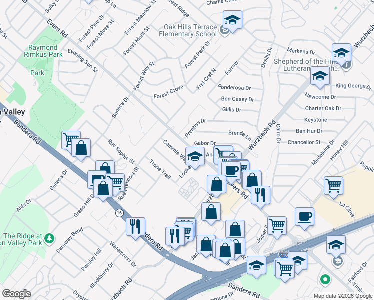map of restaurants, bars, coffee shops, grocery stores, and more near 5927 Gabor Drive in San Antonio