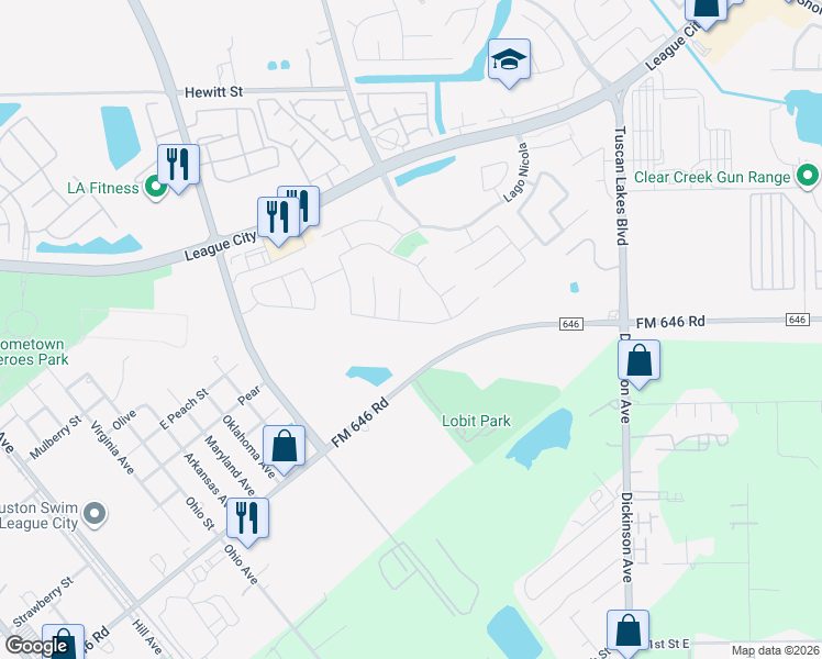 map of restaurants, bars, coffee shops, grocery stores, and more near 2735 Ahnya Lane in League City