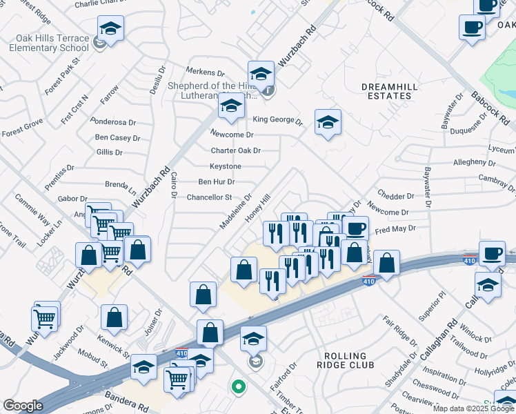 map of restaurants, bars, coffee shops, grocery stores, and more near 5303 Chancellor Street in San Antonio