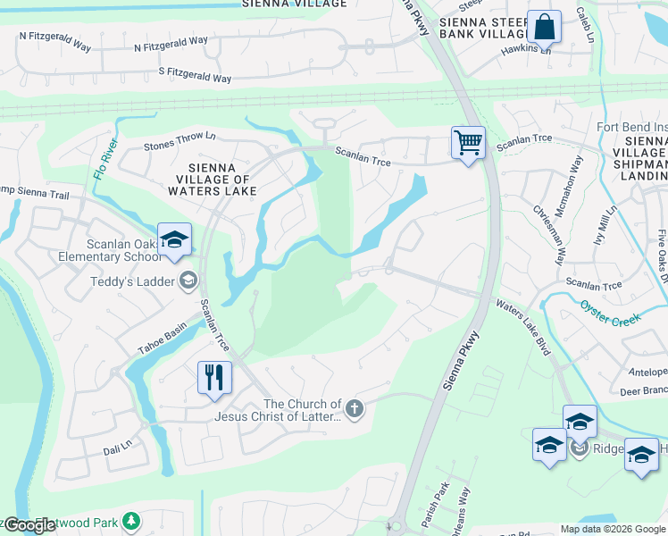 map of restaurants, bars, coffee shops, grocery stores, and more near 1 Waters Lake Boulevard in Missouri City