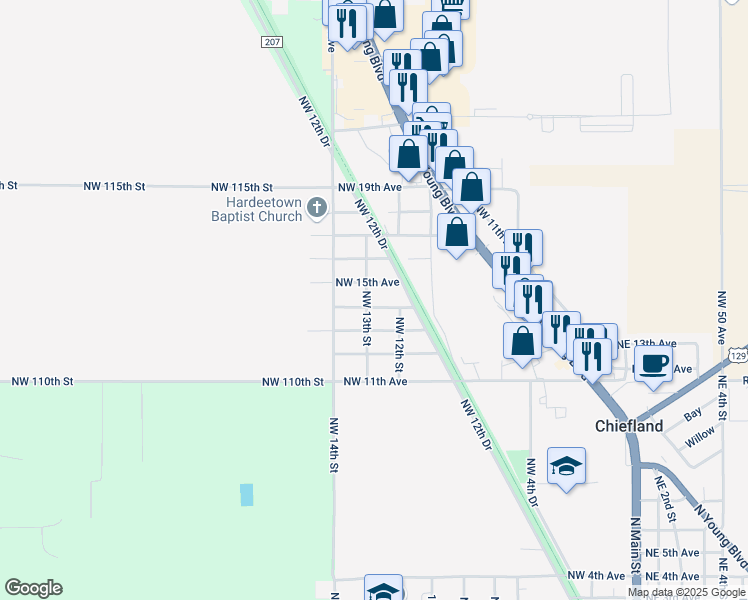 map of restaurants, bars, coffee shops, grocery stores, and more near 1215 Northwest 15th Avenue in Chiefland