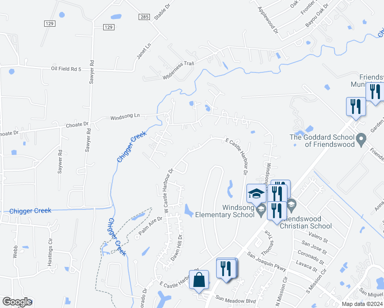 map of restaurants, bars, coffee shops, grocery stores, and more near 613 West Castle Harbour Drive in Friendswood