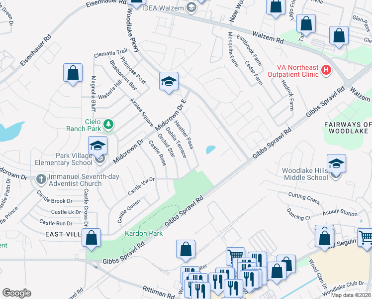 map of restaurants, bars, coffee shops, grocery stores, and more near 4846 Heather Pass in San Antonio