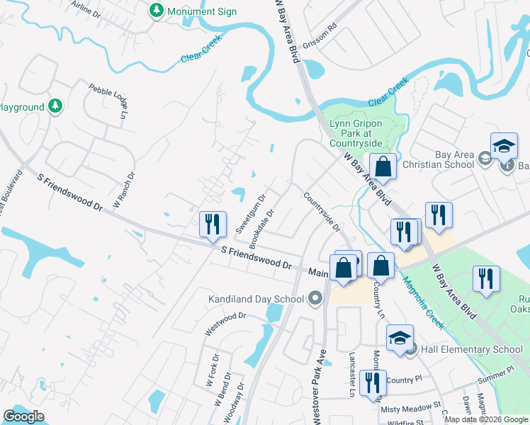 map of restaurants, bars, coffee shops, grocery stores, and more near 215 Brookdale Drive in League City