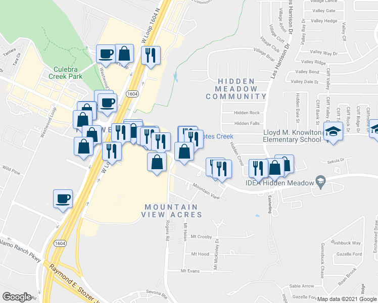 map of restaurants, bars, coffee shops, grocery stores, and more near 10555 Culebra Road in San Antonio