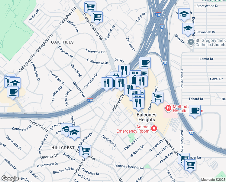 map of restaurants, bars, coffee shops, grocery stores, and more near Interstate 410 in San Antonio