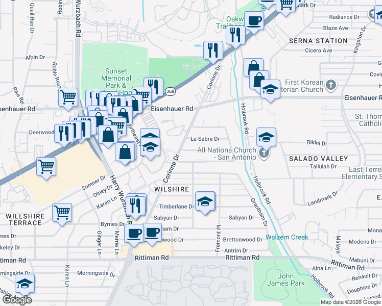 map of restaurants, bars, coffee shops, grocery stores, and more near 3603 Invicta Drive in San Antonio