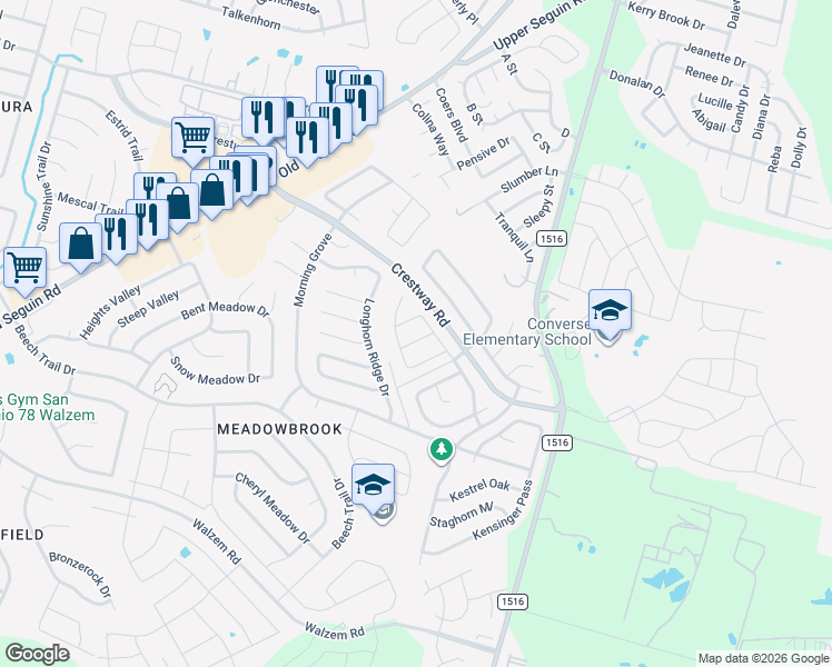 map of restaurants, bars, coffee shops, grocery stores, and more near 8818 Twincreek Farm in Converse