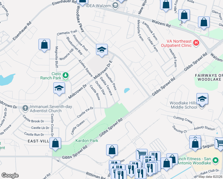 map of restaurants, bars, coffee shops, grocery stores, and more near 4915 Dahlia Terrace in San Antonio